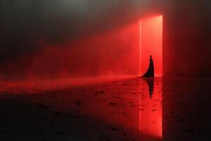 Mysterious figure stands in front of a glowing red doorway in a foggy landscape during twilight photo