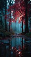 Misty forest path with vibrant red foliage and reflections on water during early morning hours photo