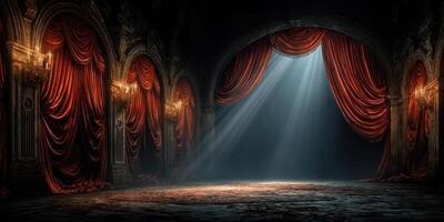 Elegant theater stage with dramatic lighting and rich red curtains set for a performance in a vintage hall photo