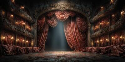 Grand theater stage with rich red curtains and soft lighting creates an atmosphere of anticipation for upcoming performances photo