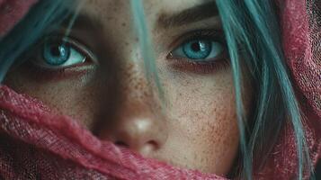 Close-up view of a young person with striking blue eyes and colorful hair wrapped in a soft pink scarf photo