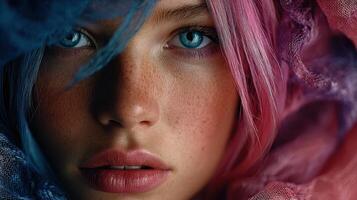 Captivating portrait of a young woman with striking blue eyes and colorful hair surrounded by soft fabric photo