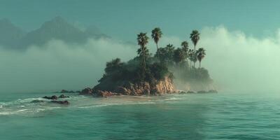 Lush tropical island surrounded by misty waters at sunrise showcasing a serene coastal landscape photo