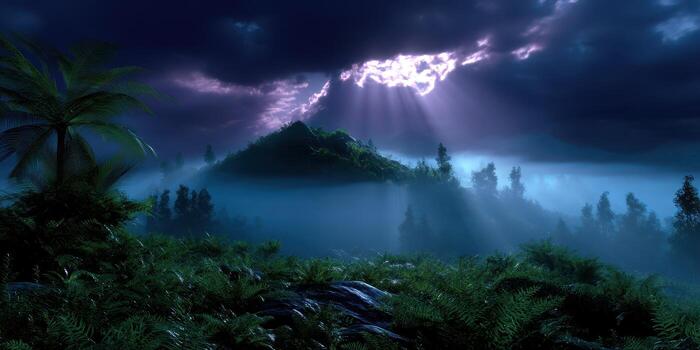 misterioso paisaje con dramático nubes y Dom rayos esclarecedor el brumoso bosque en crepúsculo horas terminado un tranquilo isla foto