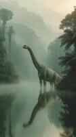 Large dinosaur stands by a misty river in a prehistoric jungle during early morning light photo