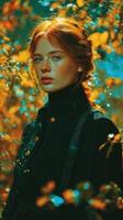Portrait of a young woman in a lush, colorful environment during autumn with sparkling water droplets in the background photo