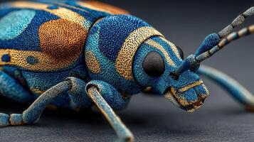Detailed close-up of a colorful beetle showing intricate patterns and textures in a studio setting during the afternoon light photo
