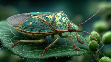 Colorful insect resting on a leaf with detailed patterns in a natural setting photo