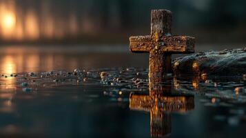 Wooden cross stands on a rock above calm water at sunset creating a serene atmosphere photo