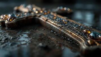 Detailed close-up of an ornate crucifix adorned with jewels resting on a wet surface in a dimly lit setting photo