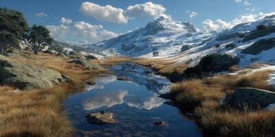 Serene winter landscape with snow-covered mountains, a clear lake, and rocky terrain under a bright sky photo