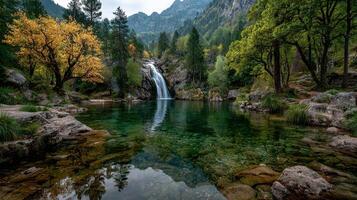Majestic waterfall cascading into tranquil pool surrounded by vibrant autumn foliage in a serene mountain landscape photo