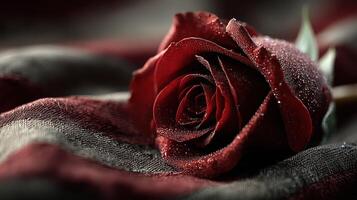 Deep red rose with water droplets resting on a soft fabric backdrop in a serene indoor setting during twilight hours photo
