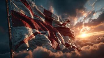 Waving flag of England against a dramatic sunset sky with clouds photo