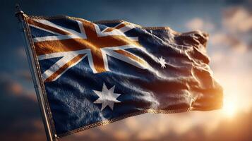 Australian flag waving in the breeze during sunset with a dramatic sky backdrop photo