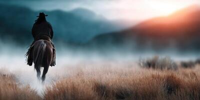 Cowboy riding a horse through foggy fields at dawn near mountains photo