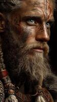 Portrait of a warrior with intricate face paint and braided hair in a dramatic close-up photo