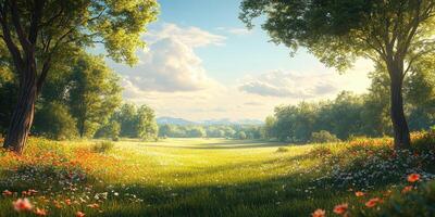 Nature landscape with vibrant flowers and green trees in a serene meadow under a blue sky with fluffy clouds during the day photo