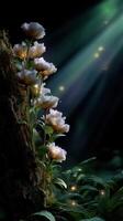 Flowers bloom in a dark forest illuminated by soft rays during twilight hours creating a magical atmosphere photo