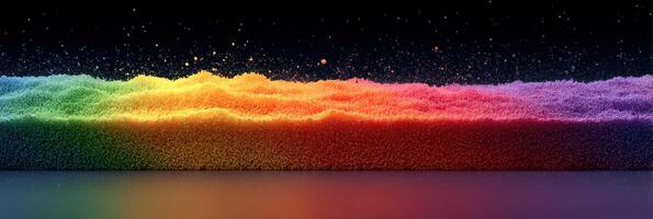 Abstract art showing a gradient rainbow spectrum of colored sand against a black background with glitter photo
