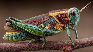 Colorful grasshopper resting on a branch in a natural setting during daylight hours photo