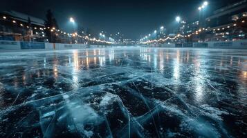 Stunning view of an outdoor ice rink illuminated by lights during a cool evening photo
