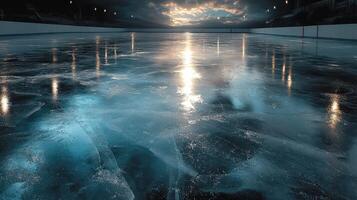 Natural outdoor ice rink during dusk illuminated by lights with a dramatic cloudy sky above photo