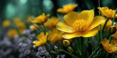 Bright yellow flowers bloom in a lush garden during springtime, creating a vivid and lively atmosphere in nature photo