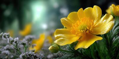 Bright yellow flower blooms among delicate white blossoms in a lush garden setting during the daytime photo
