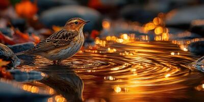 Bird wades through shimmering water on a rocky riverbank during sunset in autumn, capturing the tranquil beauty of nature photo