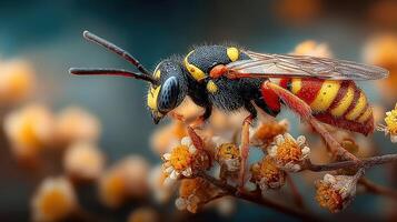 Insect perched on flowers in a vibrant natural setting during daylight hours photo