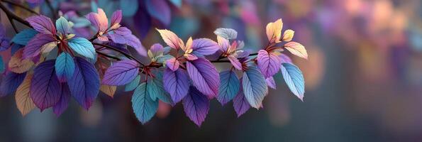 Colorful leaves display vibrant hues in a serene forest setting during autumn twilight photo