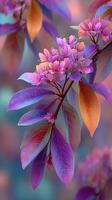 Beautiful purple flowers bloom on vibrant leaves in a serene natural setting during the early morning light photo