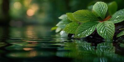 Shimmering leaves with droplets reflected in calm water outdoors during a serene afternoon photo
