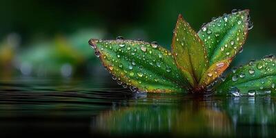 Dew-kissed green leaves float on tranquil water surface with reflections photo