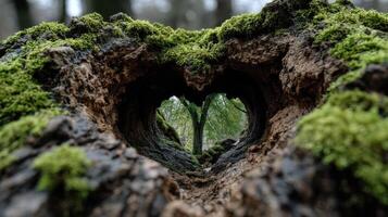 Heart-shaped view through moss-covered tree trunk in a serene forest landscape during early spring photo