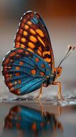 Colorful butterfly rests on a wet surface reflecting vibrant hues during a sunny afternoon photo