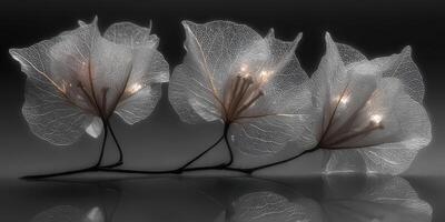 Delicate bougainvillea leaves create an ethereal composition with soft lighting and intricate details in this artistic arrangement photo