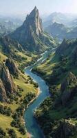 Majestic mountain peak overlooking a winding river in a lush valley during the golden hour, capturing nature's serene beauty photo