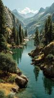 Scenic river winding through mountains and lush greenery on a sunny day in a pristine natural landscape photo