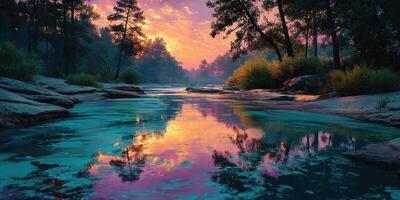 Colorful sunset over a tranquil river with reflections and trees near a rocky shoreline photo