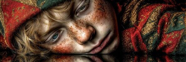 Child in a colorful patterned hoodie rests on a reflective surface in a dimly lit environment photo