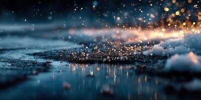 Raindrops create shimmering reflections on wet pavement during evening hours in a serene outdoor environment photo