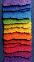 Colorful texture of felt fabric arranged in a vibrant rainbow gradient on a blue background photo