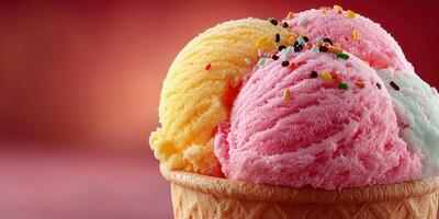 Colorful ice cream scoops in a cone on a vibrant background ready for summer enjoyment and sweet treats photo