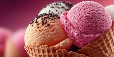Colorful scoops of ice cream in a waffle cone ready to be enjoyed on a warm summer day photo