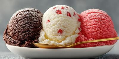 Delicious ice cream trio served on a plate at a summer dessert party in a bright kitchen photo