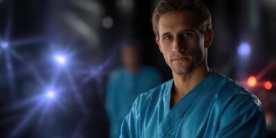 Medical professional in blue scrubs stands confidently during nighttime hospital shift showing readiness and focus photo