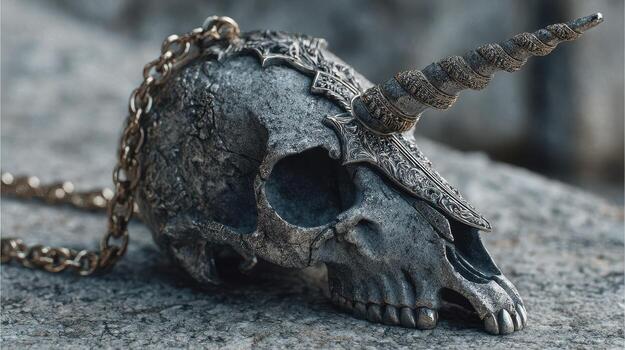 Unique unicorn skull necklace resting on a rocky surface, showcasing intricate designs and craftsmanship photo