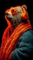 Stylish bear wearing sunglasses and headphones wrapped in vibrant blanket against dark background photo